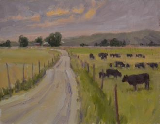 Oil painting of black cows along a dirt road