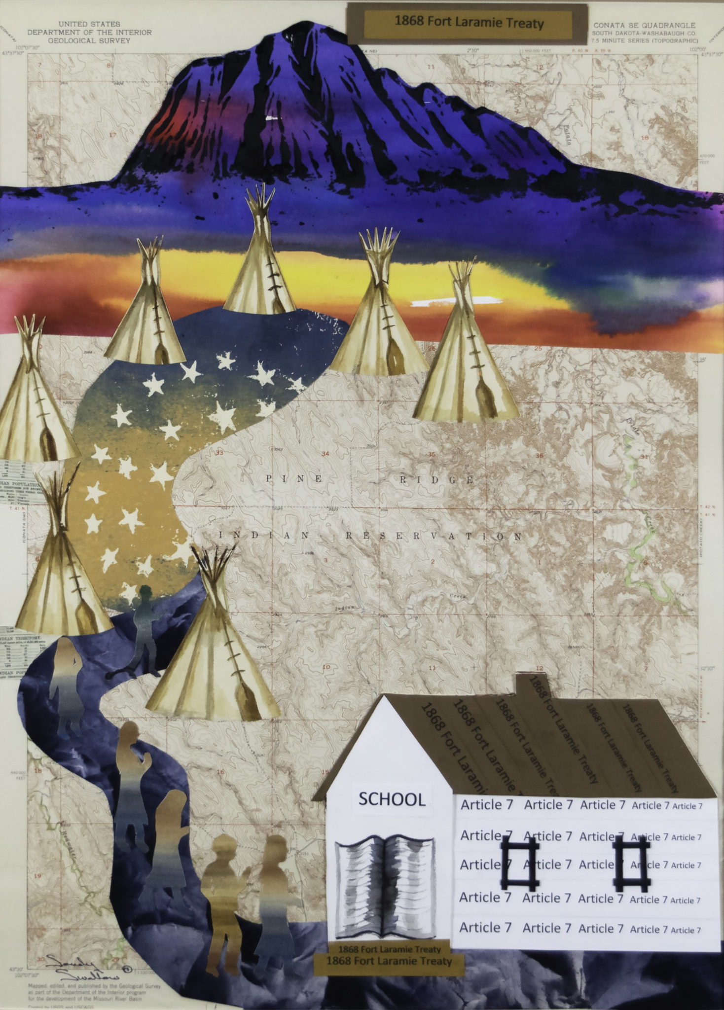 Mixed media art of colorful mountain, tipis and schoolhouse