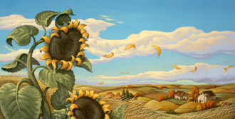 Landscape illustration with sunflowers