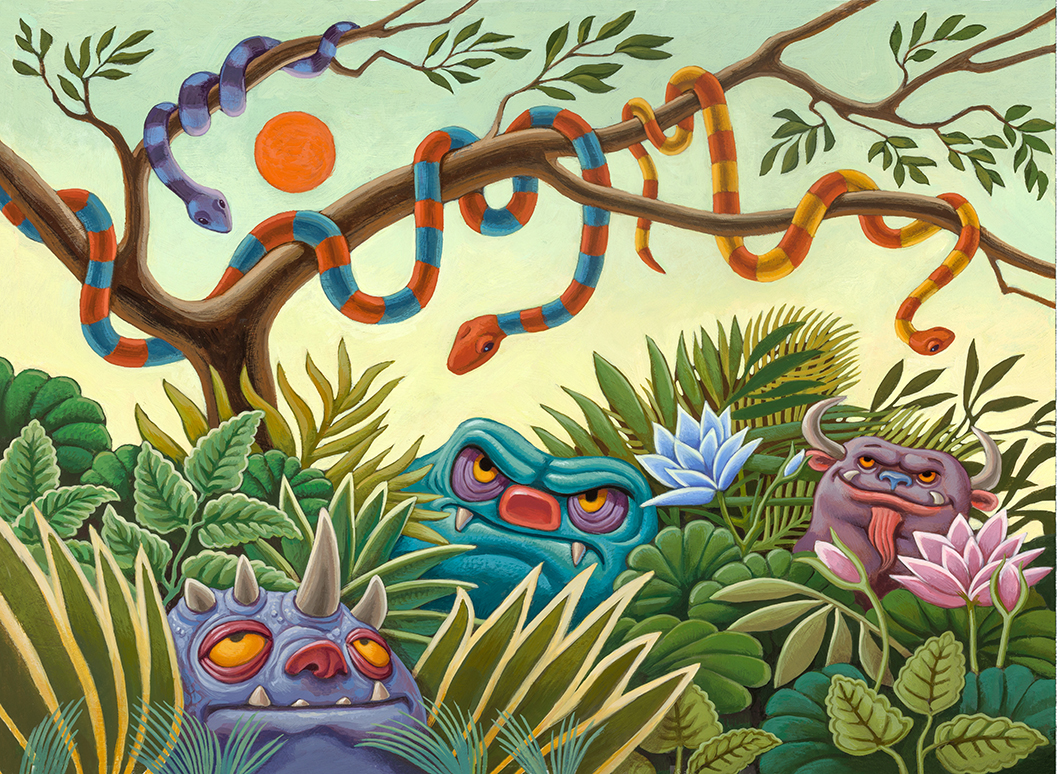 Painting of colorful snakes hanging in tree branches over colorful monsters in the grass