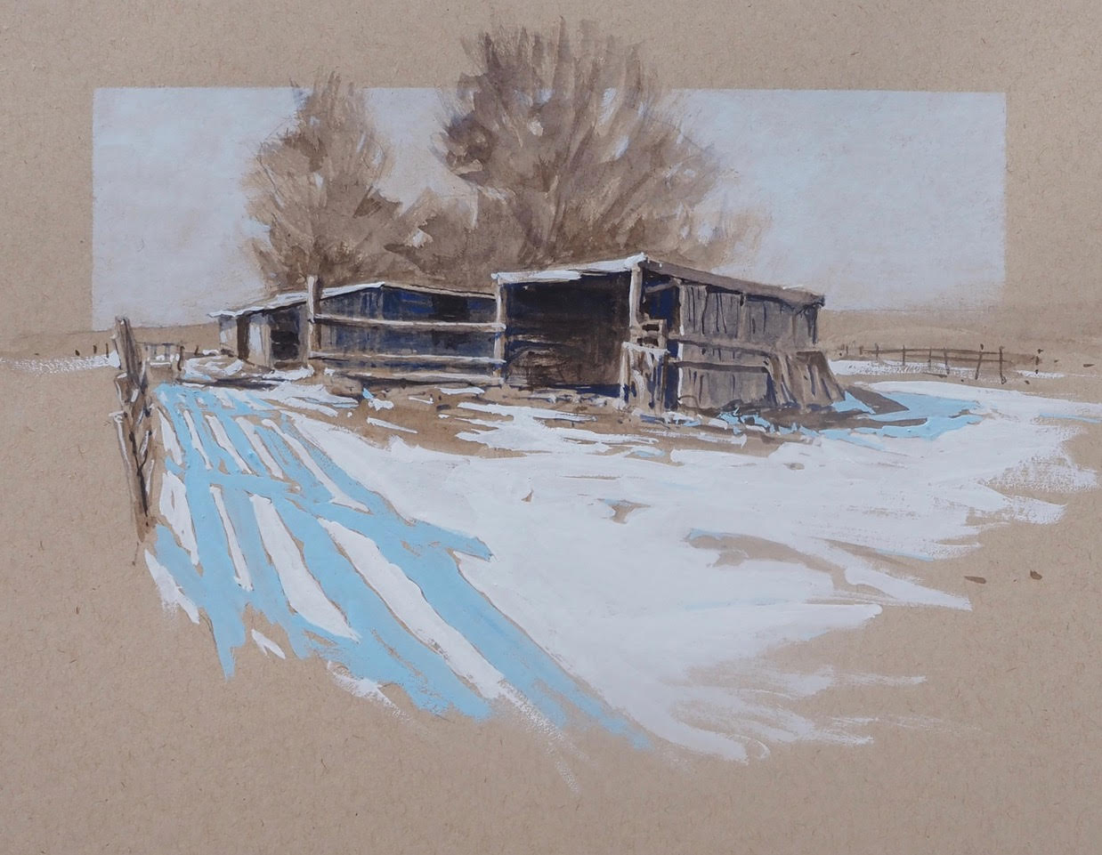 watercolor & gouache of a livestock shelter in the snow