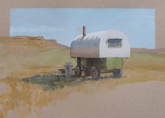 watercolor & gouache of a sheep wagon