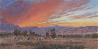 Oil painting of tipis at sunset