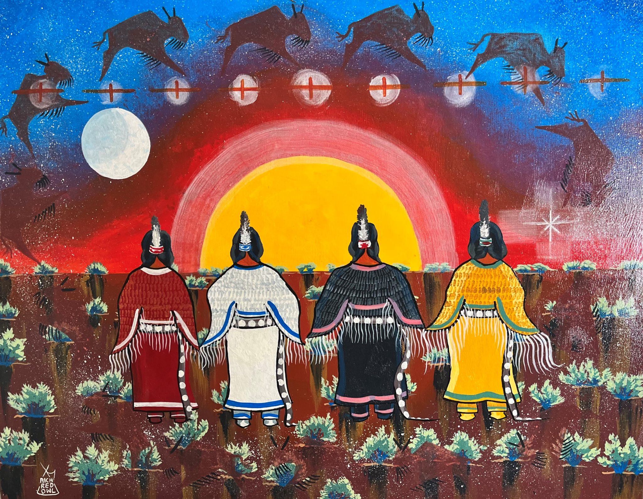Acrylic painting of Native American women looking at a sunrise