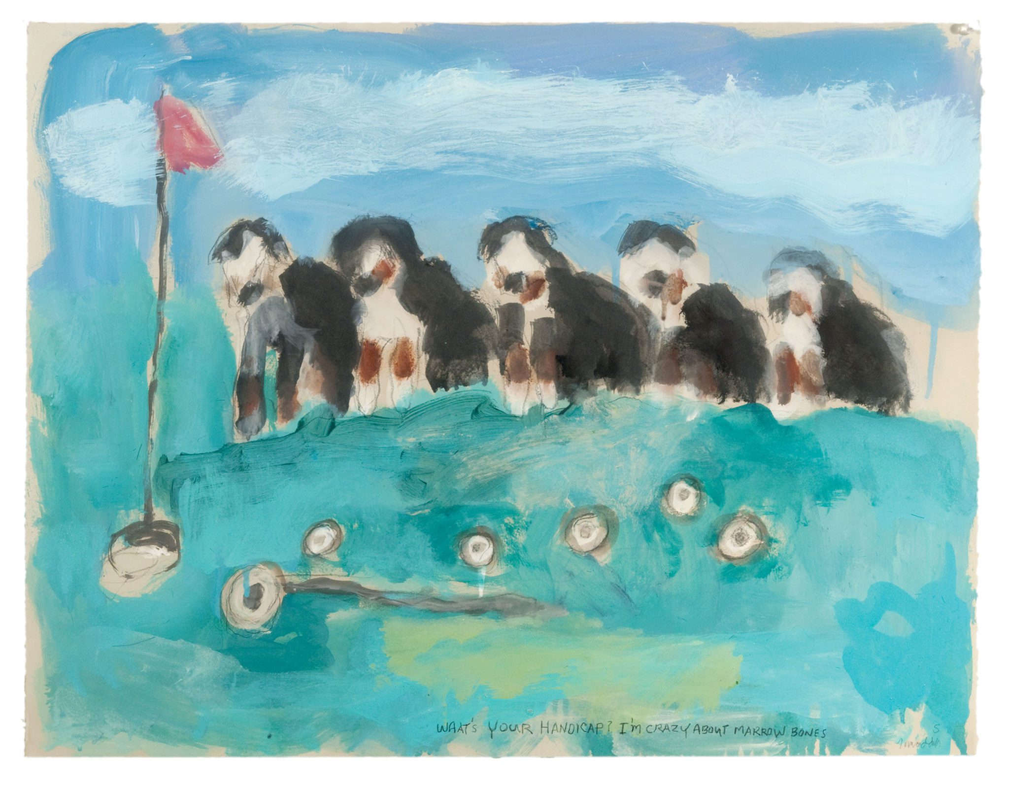 Image of 5 Bernese Mountain dogs on a golf course