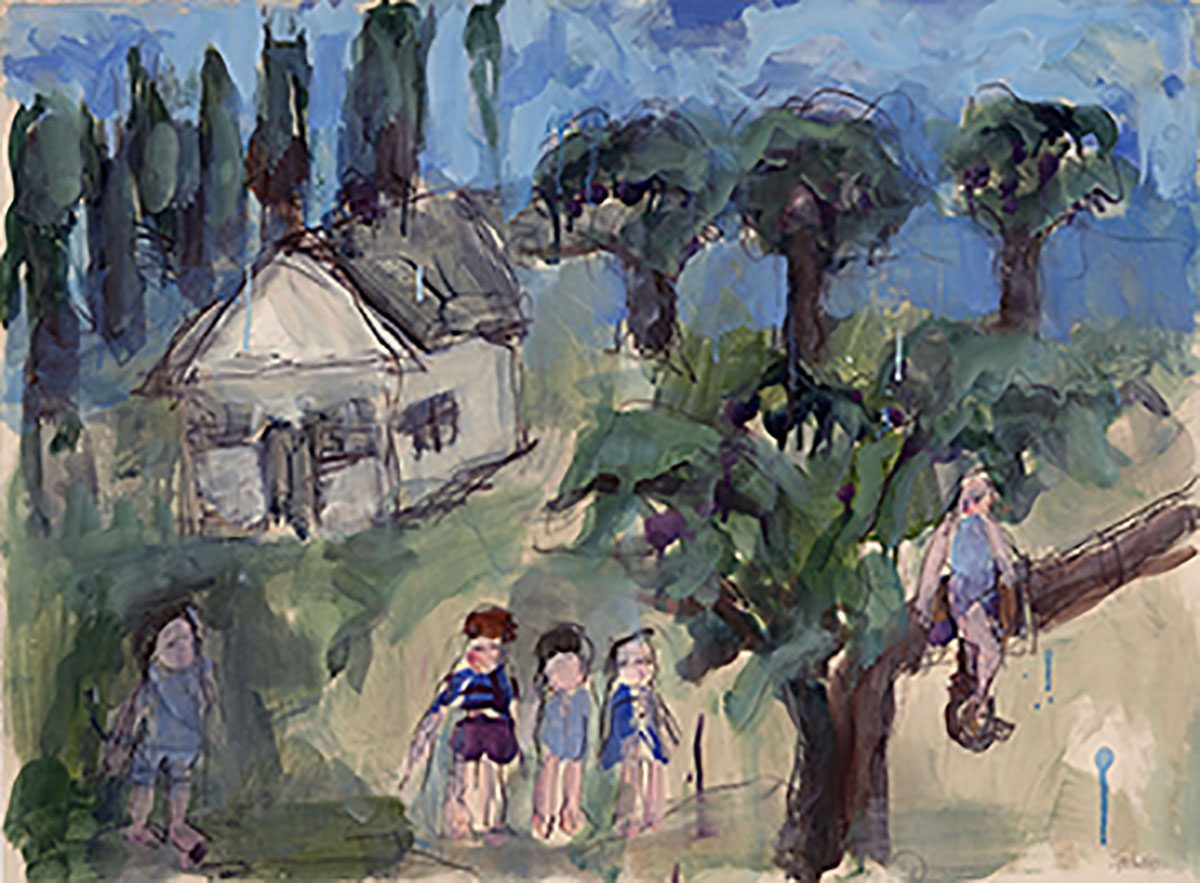 Oil painting of a house and children climbing a tree